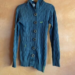 Project E Vintage Cable Knit Cardigan Blue Distressed Button Sweater Large